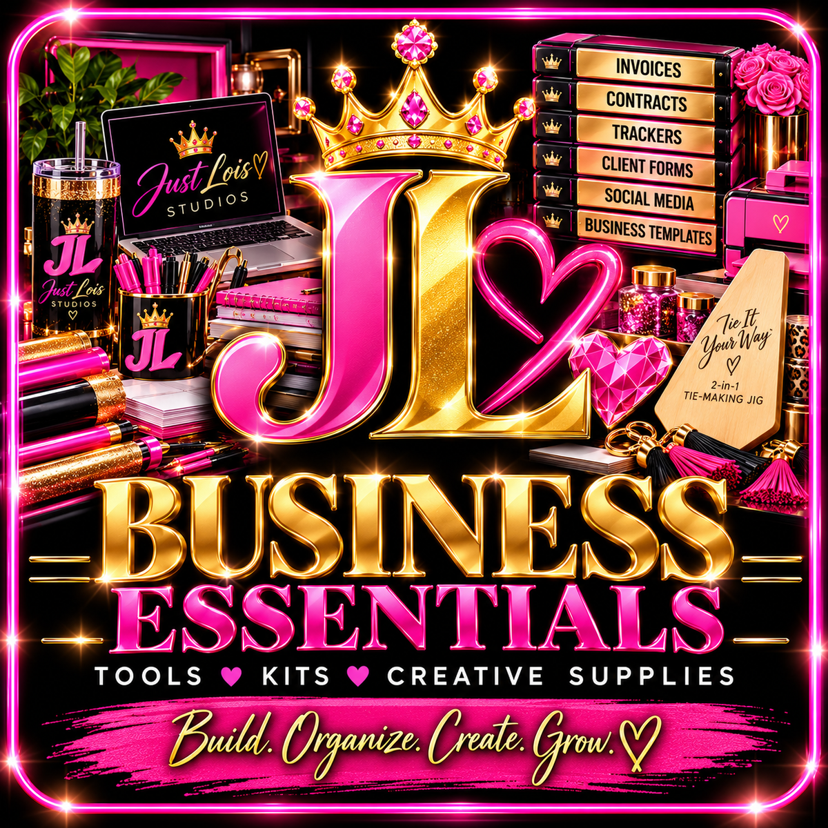 Just Lois Studios Business Essentials square collection artwork with pink and gold crowned JL and business supplies