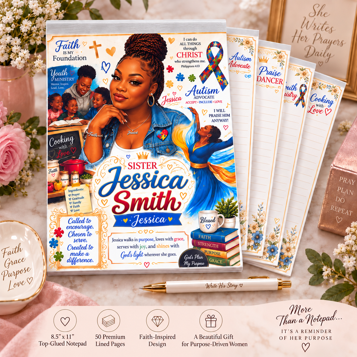 Personalized top-glued notepad example by Just Lois Studios