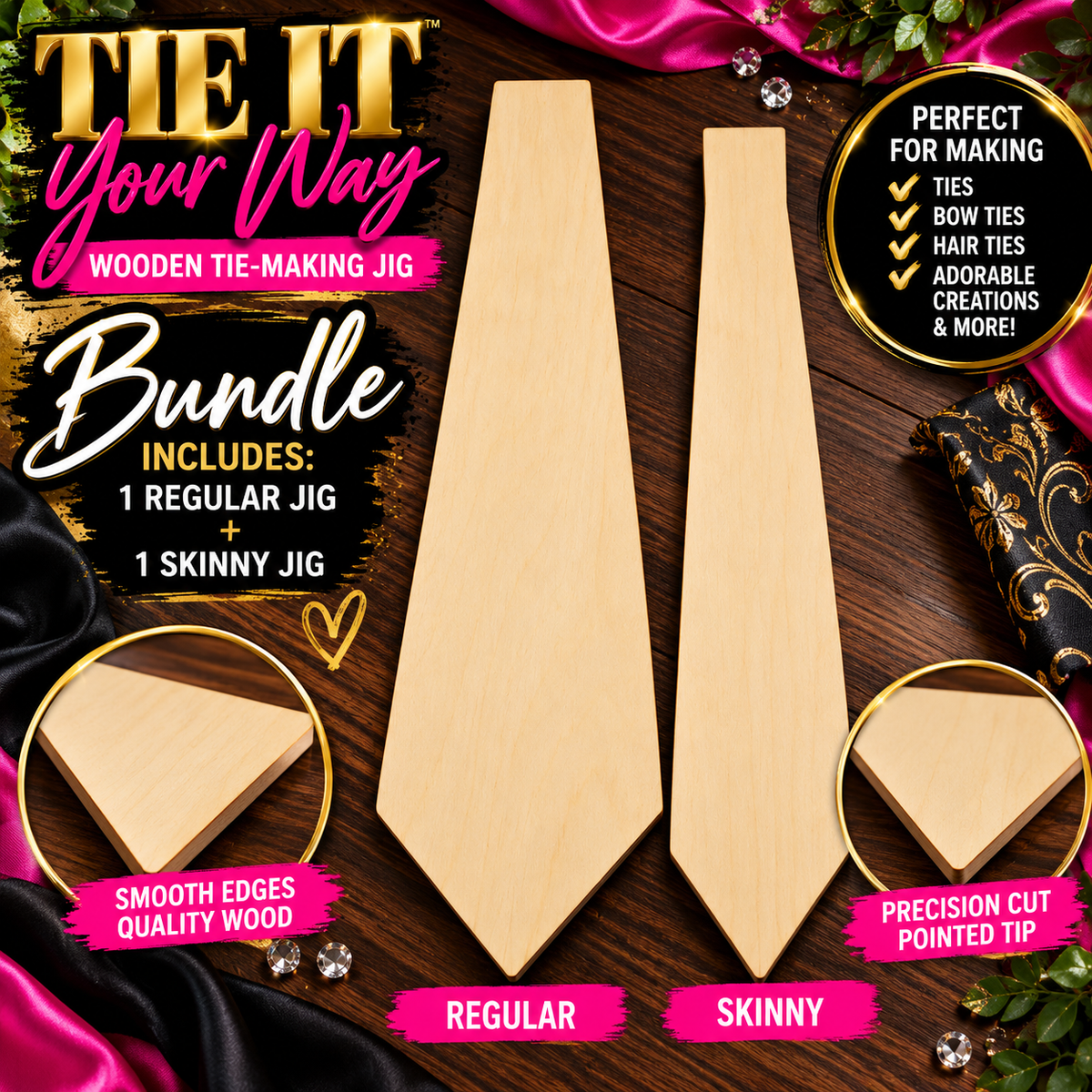 Tie It Your Way bundle including one regular and one skinny wooden tie-making jig; promotional illustration