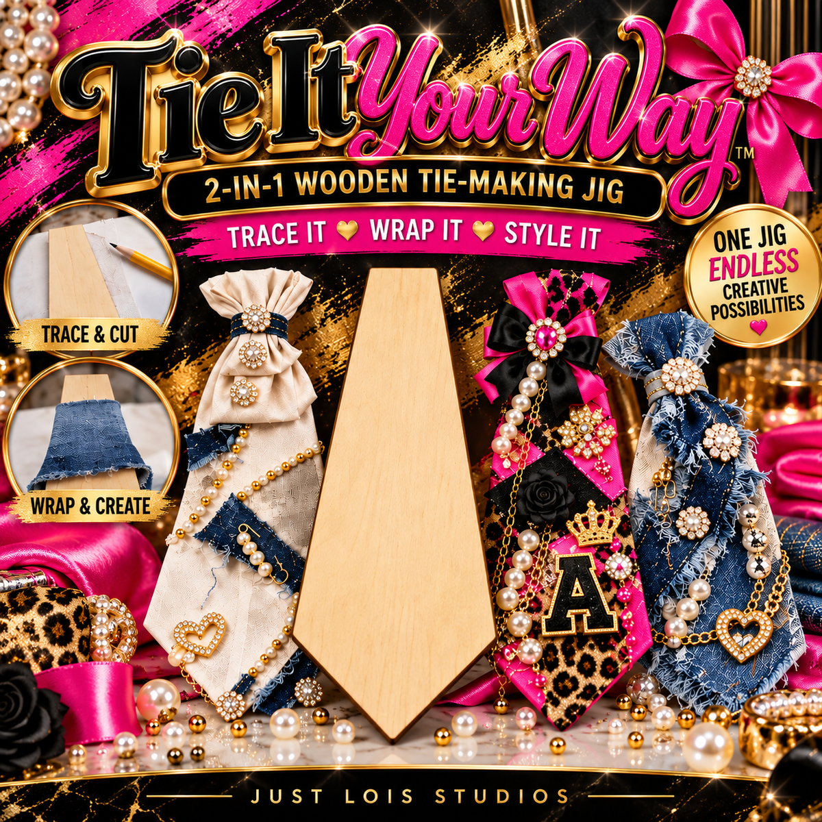 Tie It Your Way wooden tie-making jig promotional image; decorated ties are inspiration only