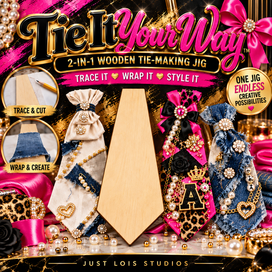 Tie It Your Way wooden tie-making jig promotional image; decorated ties are inspiration only