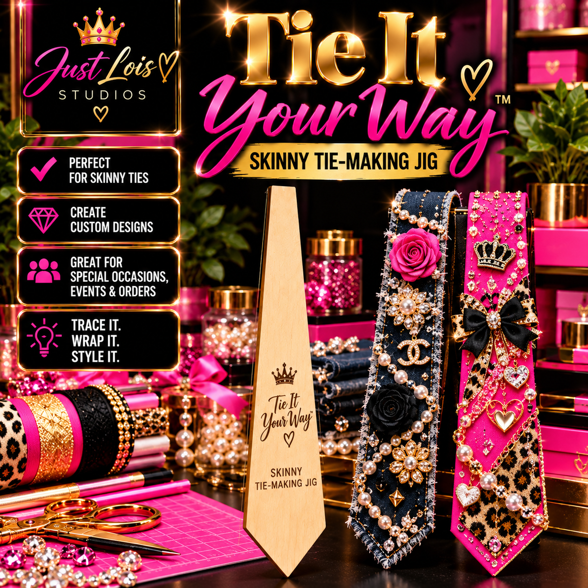 Tie It Your Way skinny wooden tie-making jig with decorative tie examples; decorations not included